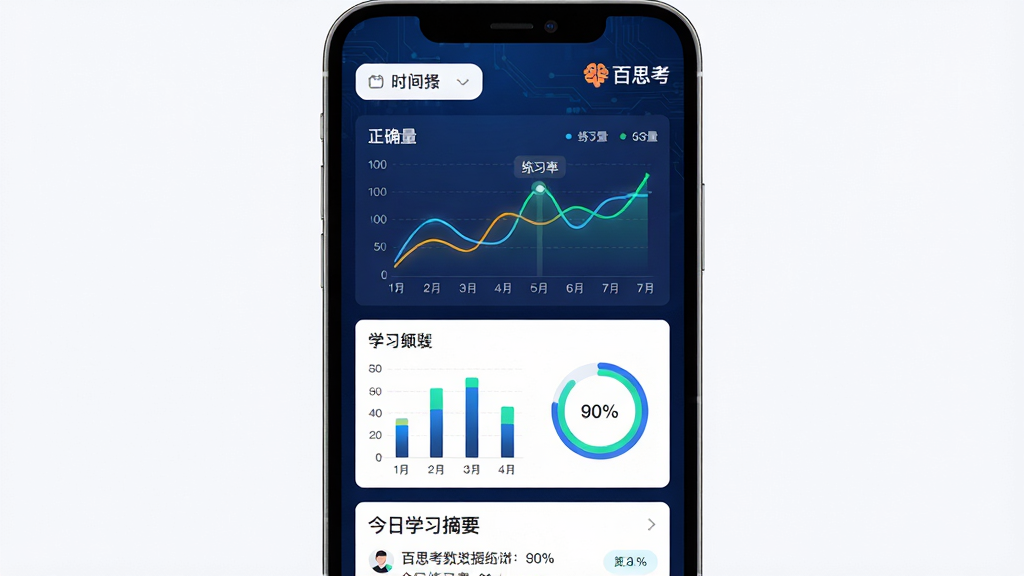 主体:百思考APP的数据统计页面,显示折线图、柱状图和进度环。布局:手机竖屏,上方为时间选择器,中部为图表区域,下方为今日学习摘要。排版:图表与数据卡片相结合,清晰易读。风格:商务科技感,深蓝背景与亮色数据线。细节:图表中标注“正确率”、“练习量”等,屏幕右上角显示“百思考”logo。画质:高保真,干净,无多余元素。