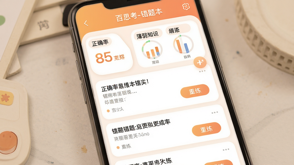 主体:百思考APP的错题本界面,展示错题列表和统计分析图表。布局:手机竖屏,上方为统计概览(正确率、薄弱知识点),下方为错题卡片列表。排版:卡片式布局,错题内容清晰显示。风格:柔和圆角,暖色调。细节:屏幕中显示“百思考-错题本”,错题卡片上有“重练”按钮。画质:细腻渲染,干净,无多余元素。