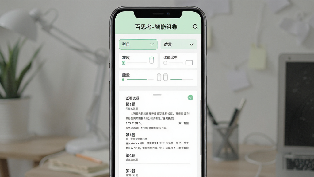 主体:百思考APP的组卷设置页面,显示筛选条件和生成的试卷预览。布局:手机竖屏,上方为条件选择区(科目、难度、题量),下方为试卷题目列表预览。排版:表单式布局,选项清晰。风格:清新简约,淡绿色点缀。细节:屏幕中显示“百思考-智能组卷”标题,试卷预览中显示“第1题”等字样。画质:高清,干净,无多余元素。