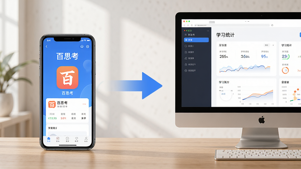 主体:百思考APP在手机和电脑上的使用场景,手机放在桌面,电脑屏幕显示百思考界面。布局:左手机右电脑,中间有同步箭头。排版:对比式布局,设备比例协调。风格:写实风格,光线柔和。细节:手机屏幕显示“百思考”主界面,电脑屏幕显示“学习统计”页面。画质:高清,干净,无多余元素。