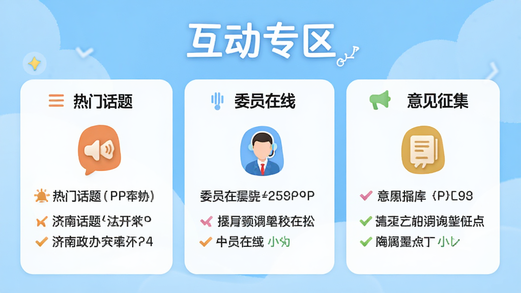济南政协APP互动交流页面,页面顶部为“互动专区”标题,下方分为“热门话题”、“委员在线”、“意见征集”三个板块,每个板块以彩色图标标识,背景为浅蓝色,整体风格活泼亲民,画质清晰,无多余元素