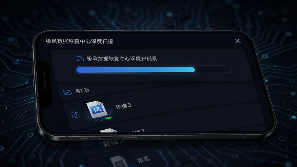 极风数据恢复中心深度扫描界面,手机屏幕显示文件扫描列表,背景为深色科技感,主体为扫描进度条,布局清晰,排版规整,风格专业,细节包括文件缩略图,画质高清,干净无多余元素