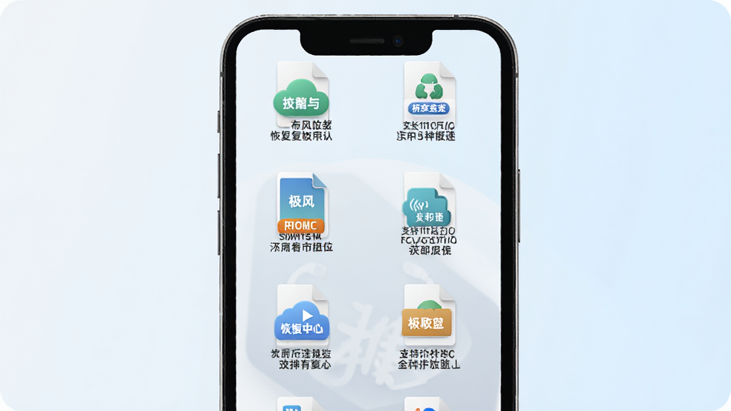 极风数据恢复中心支持的文件类型展示,手机屏幕显示分类图标,背景为浅色渐变,主体为图标网格,布局整齐,排版简洁,风格清新,细节包括文件格式标签,画质高清,干净无多余元素