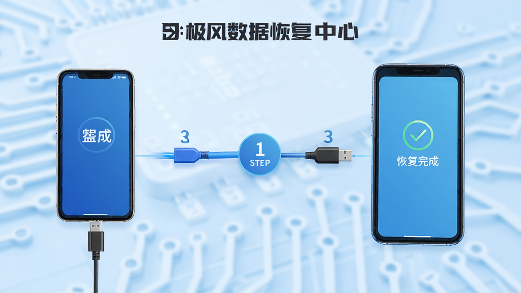 极风数据恢复中心使用步骤示意图,手机连接数据线,屏幕显示恢复完成,背景为浅蓝色科技感,主体为操作流程,布局左右分布,排版清晰,风格简洁,细节包括步骤编号,画质高清,干净无多余元素