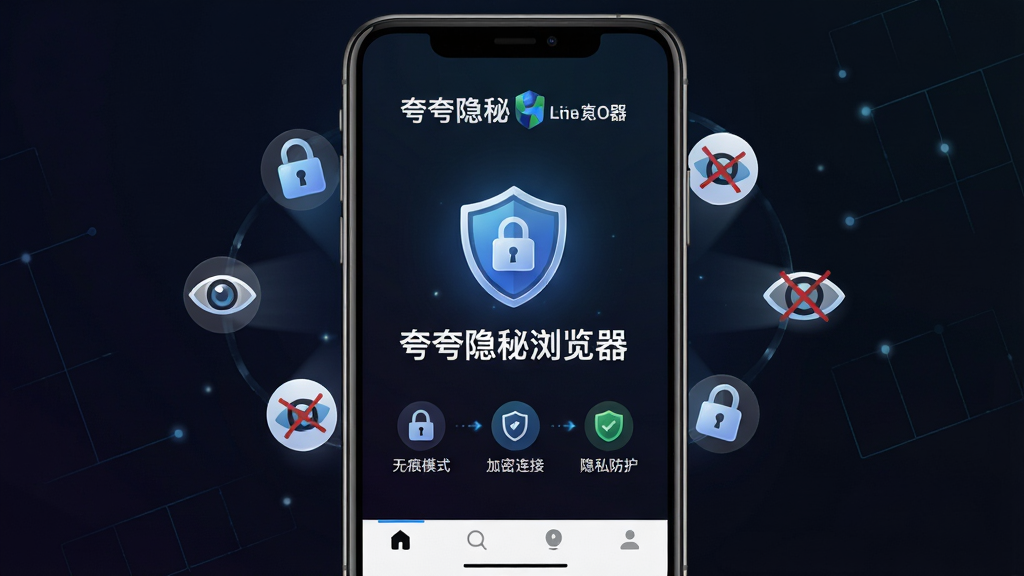 主体:手机屏幕中显示夸夸隐秘浏览器的界面,背景是深色渐变,中间有盾牌图标和“夸夸隐秘浏览器”字样,周围有锁、眼睛划掉等隐私图标环绕。布局:居中构图,手机屏幕占主体,上方有品牌名称,下方有简洁的导航栏。排版:文字清晰,图标排列整齐。风格:科技感、现代、简洁。细节:屏幕中展示无痕模式、加密连接、隐私防护等图标,画质高清,整体干净无多余元素。