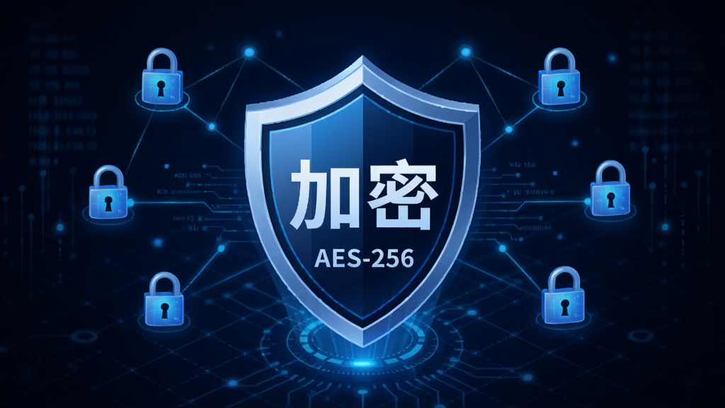 主体:夸夸隐秘浏览器加密保护示意图,中央是一个盾牌,盾牌上有“加密”字样,周围是网络节点和锁形图标。布局:盾牌居中,背景是深蓝色科技网格。排版:简洁,文字醒目。风格:科技感、安全、专业。细节:盾牌上有“AES-256”字样,背景有数据流线条,画质高清。