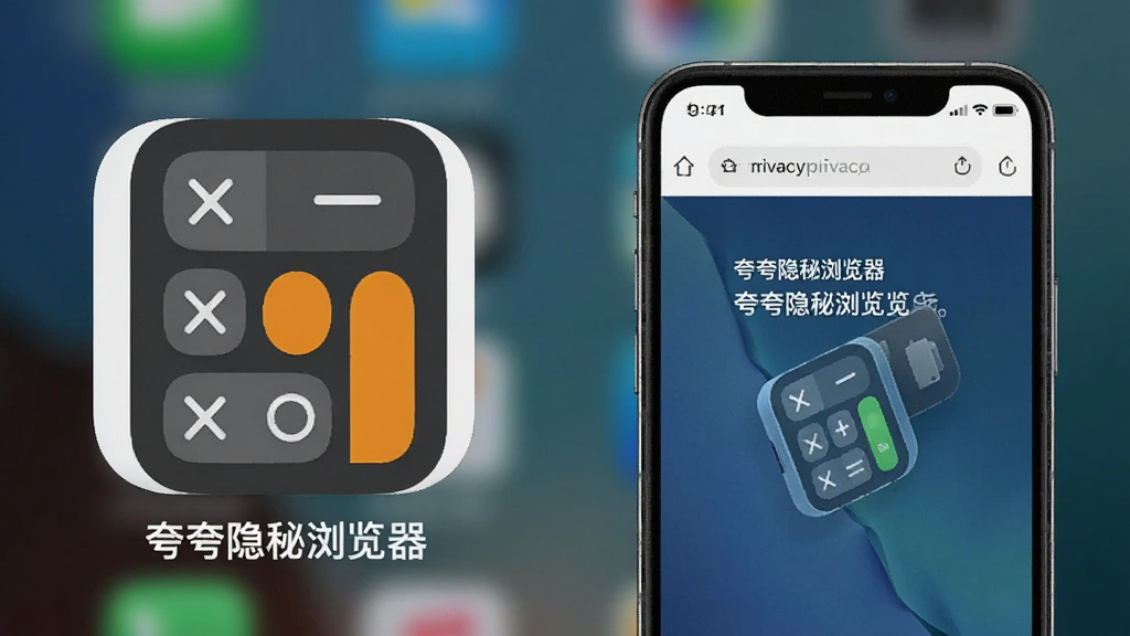 主体:手机桌面上的夸夸隐秘浏览器伪装图标,显示为计算器图标,点击后翻转进入浏览器界面。布局:桌面背景,左侧是计算器图标,右侧是浏览器隐私界面。排版:对比明显,文字说明。风格:创意、实用、简洁。细节:图标下方有小字“夸夸隐秘浏览器”,画质干净。