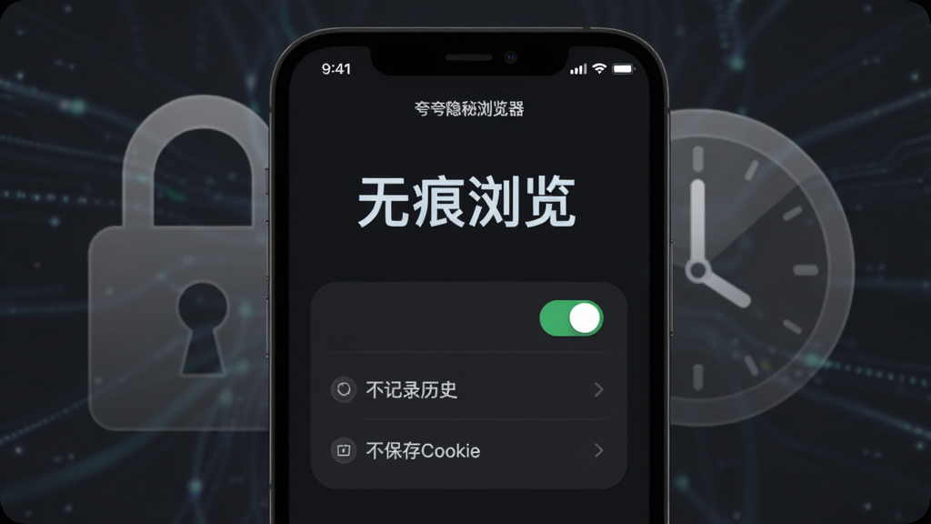 主体:夸夸隐秘浏览器无痕模式界面,手机屏幕显示“无痕浏览”字样,背景是半透明的锁和时钟图标,整体暗色风格。布局:手机居中,屏幕内显示功能开关和说明文字。排版:简洁明了,文字突出。风格:神秘、安全、高科技。细节:屏幕上有“不记录历史”、“不保存Cookie”等选项,画质清晰干净。