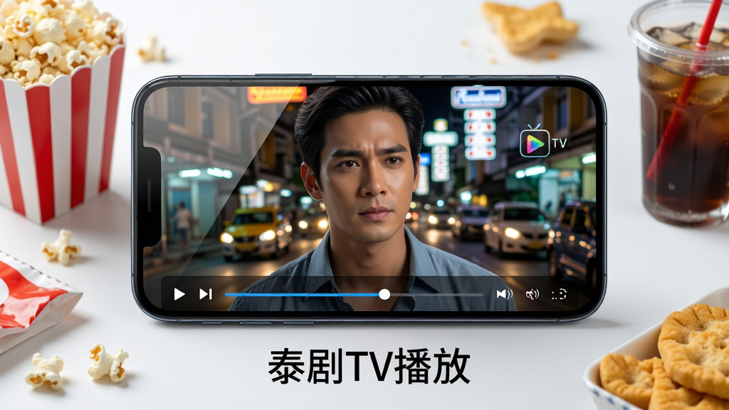 画面主体为一部智能手机横屏播放泰剧画面,屏幕中显示一位泰国演员特写,背景是曼谷街头夜景,手机下方有“泰剧TV播放”字样。布局为手机居中,周围有爆米花、饮料等观影零食,排版整洁,风格写实明亮,细节包括屏幕反光和播放进度条,画质高清,干净无多余元素。