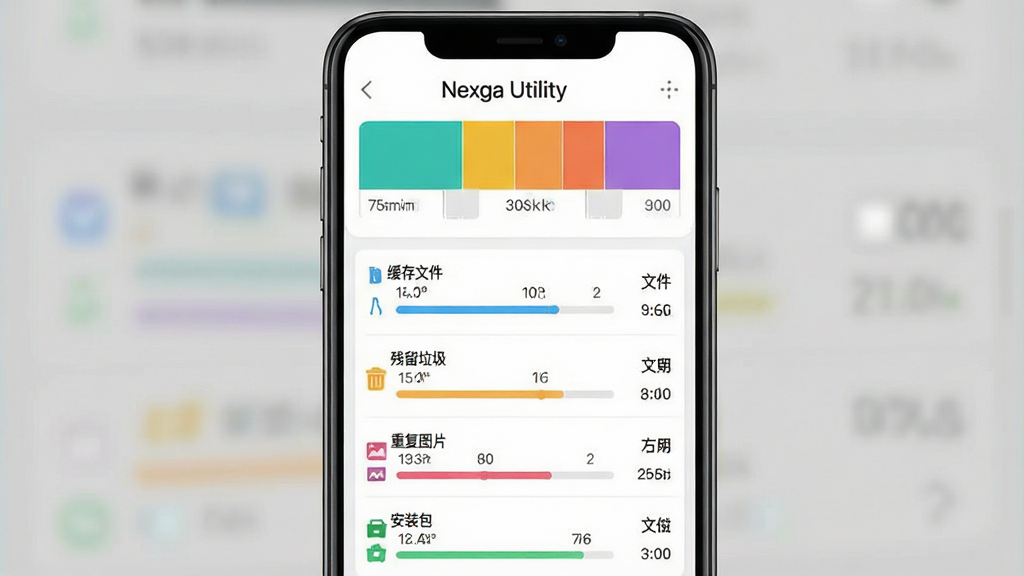 智能存储清理功能预览,主体为手机屏幕截图,屏幕内展示“Nexga Utility”存储分析界面,布局为顶部显示存储容量色块图,下方按“缓存文件”“残留垃圾”“重复图片”“安装包”分类列表,排版清晰有序,风格为信息图表样式,细节包含不同颜色的进度条与文件大小数字,画质高清,干净,无多余元素