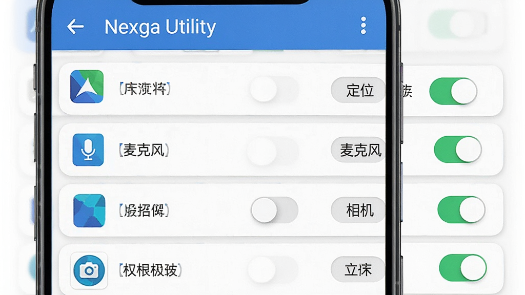 应用权限管理功能界面,主体为手机屏幕展示“Nexga Utility”权限管理列表,布局为每个应用名称左侧是图标,右侧是“定位”“麦克风”“相机”等权限开关按钮,排版为卡片式列表,风格为简洁的列表设计,细节包含开关按钮的绿色与灰色状态切换,画质高清,干净,无多余元素