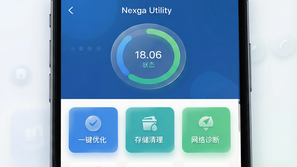 Nexga Utility 应用主界面概念图,主体为一部智能手机屏幕占据画面中心,屏幕内清晰展示“Nexga Utility”的仪表盘风格UI,布局上方为设备状态环形图,下方为“一键优化”“存储清理”“网络诊断”三个功能卡片,排版简洁现代,风格为扁平化设计搭配科技蓝与清新绿主色调,细节包含玻璃拟态质感图标与柔和阴影,画质高清,干净,无多余元素