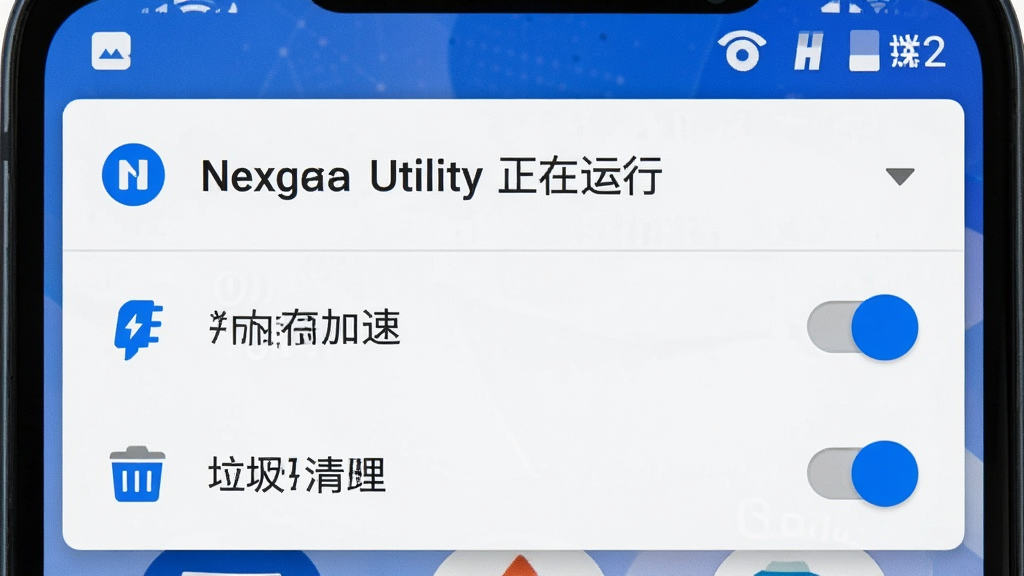 手机显示“Nexga Utility”运行状态通知栏截图,主体为手机屏幕顶部下拉通知栏,布局显示“Nexga Utility 正在运行”的常驻通知,下方为“内存加速”“垃圾清理”两个快捷开关,排版为安卓标准通知栏样式,风格为系统级UI设计,细节包含蓝色与白色图标配色,画质高清,干净,无多余元素