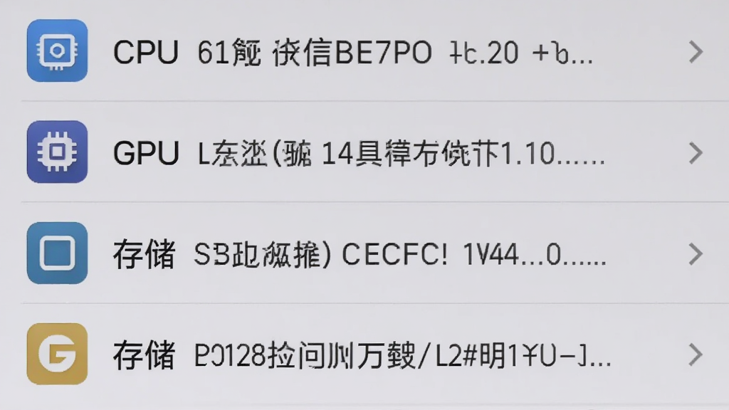 手机设备信息大全硬件检测功能页面,列表形式展示CPU、GPU、内存、存储等参数,每个条目带有图标,背景浅灰,界面清爽,文字清晰,截图风格,高清画质,细节丰富,无多余元素