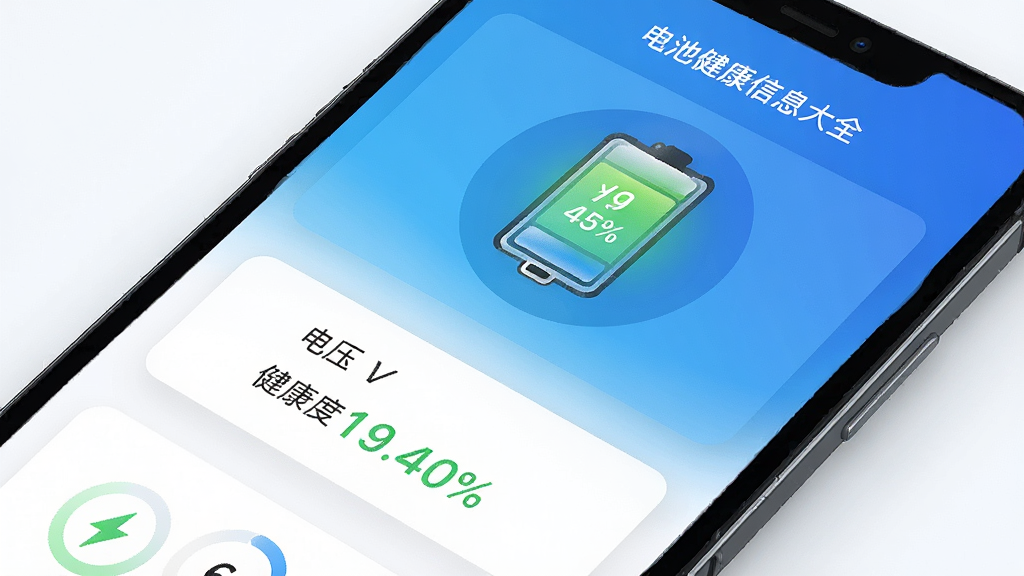 手机设备信息大全电池健康检测界面,电池图标醒目,显示电量百分比、电压、温度、健康度,背景蓝白渐变,卡片式布局,简洁明了,高清渲染,画质干净,无多余元素