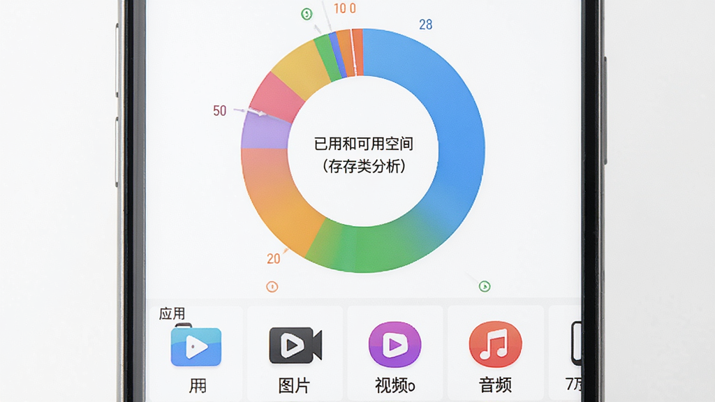 手机设备信息大全存储分析界面,环形图显示已用和可用空间,下方列出应用、图片、视频、音频等分类占用,背景白色,图表配色鲜艳,布局清晰,高清画质,无多余元素