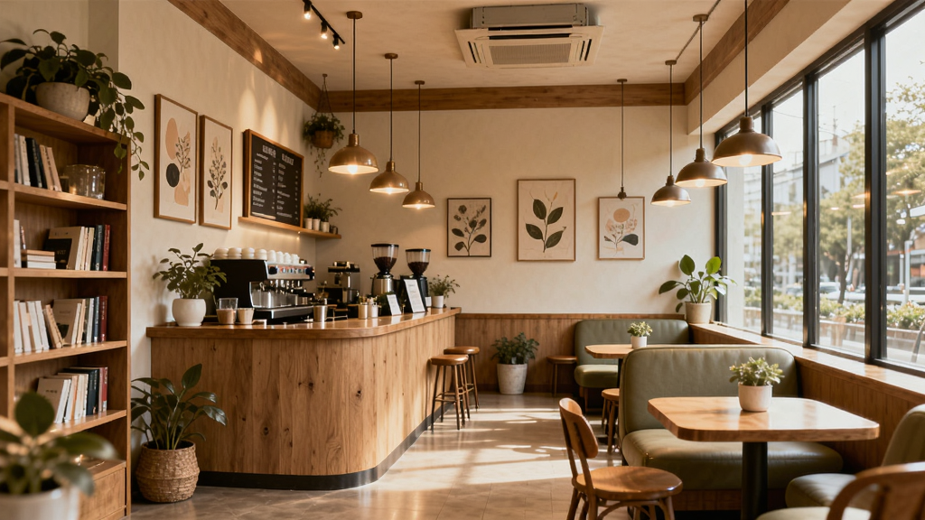 店铺装修展示,主体是一间经过精心装修的咖啡店内部,采用原木色和绿色植物点缀,墙壁上挂着艺术画,暖色吊灯营造温馨氛围。布局为全景视角,展示吧台、卡座和落地窗区域。排版上,视线从门口延伸到吧台,空间层次分明。风格为治愈系室内设计图,细节包括书架上的书籍和桌上的小盆栽,画质干净明亮,无多余元素。