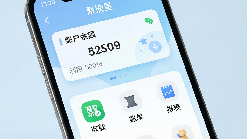 一张现代感十足的智能手机屏幕特写,屏幕中央显示“聚摘星”APP主界面,界面风格清新简洁,上方为账户余额卡片,下方排列收款、账单、报表等图标,背景为浅蓝色渐变,整体布局规整,画质干净无多余元素