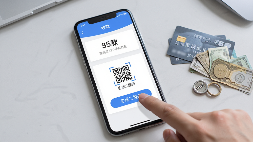 聚摘星APP使用教程示意,手机屏幕展示“收款”界面,手指点击“生成二维码”按钮,背景为浅灰色桌面,旁边放有银行卡和零钱,风格写实,画质干净
