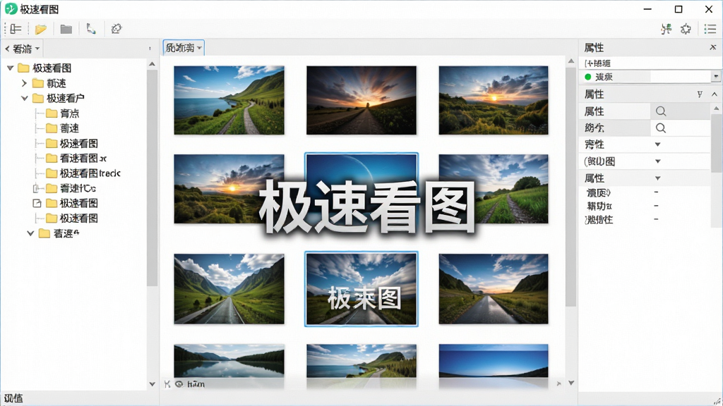 主体为极速看图软件主界面,布局为左侧文件夹树、中间图片预览区、右侧属性面板,排版简洁现代,风格扁平化设计,细节展示多张高清图片缩略图,画质清晰明亮,干净无多余元素,图片中文字标注“极速看图”