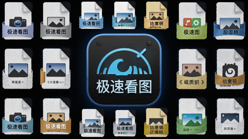主体为极速看图软件图标与多种图片格式文件图标环绕排列,布局居中对称,排版整齐,风格科技感,细节展示格式图标细节,画质高清,干净无多余元素,图片中文字标注“极速看图”