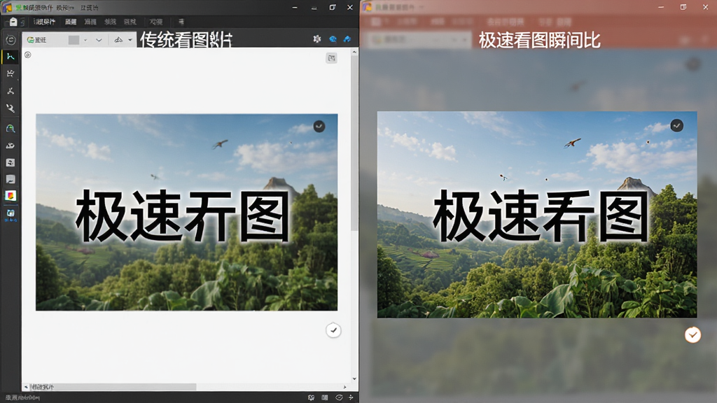 主体为极速看图软件打开超大图片的对比场景,布局为左右分屏,左侧显示传统软件加载缓慢,右侧显示极速看图瞬间完成,排版直观对比,风格写实,细节展示图片清晰锐利,画质高,干净无多余元素,图片中文字标注“极速看图”