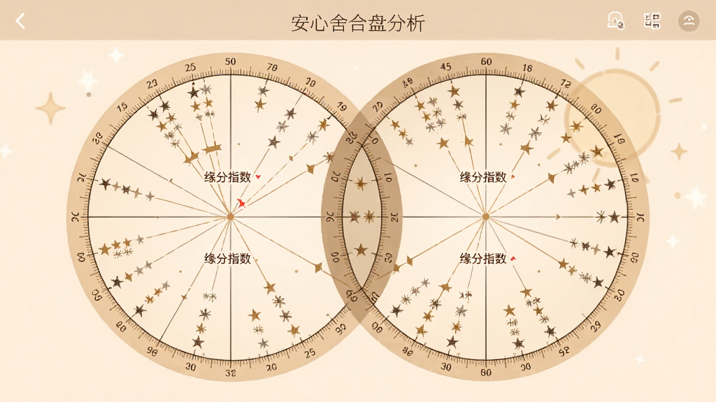 展示安心舍合盘分析界面,主体为两个圆形命盘交叠,布局对称,排版柔和,风格温馨,细节显示星体连线与缘分指数,画质清晰,无多余元素