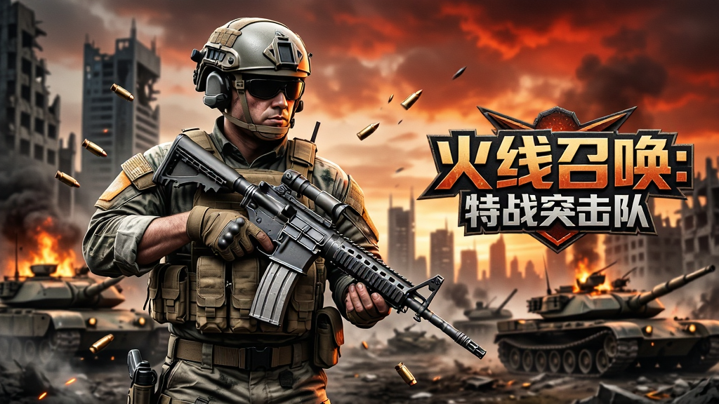 主体:一名全副武装的特种兵手持突击步枪,站在硝烟弥漫的战场前沿,身后是现代都市废墟与燃烧的坦克残骸。布局:人物居中偏左,右侧留出空间展示游戏Logo“火线召唤:特战突击队”,背景天空呈现橙红色战火映照效果。排版:画面层次分明,前景人物清晰,中景战火,远景城市剪影。风格:写实军事风,高精度渲染,光影对比强烈。细节:士兵战术背心、头盔、枪械金属质感清晰可见,子弹壳飞溅。画质:4K高清,干净,无多余元素。