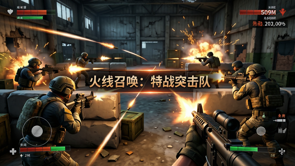 主体:游戏多人对战场景,两队特种兵在废弃仓库中交火,画面中央有“火线召唤:特战突击队”字样的击杀公告。布局:战斗场面动态十足,玩家角色分散在掩体后,枪口火光四射。排版:采用第一人称视角,UI显示血量、弹药、击杀信息。风格:写实战场风格,色彩浓郁,特效华丽。细节:弹道轨迹、爆炸火花、角色战术动作。画质:高帧率渲染,干净,无多余元素。