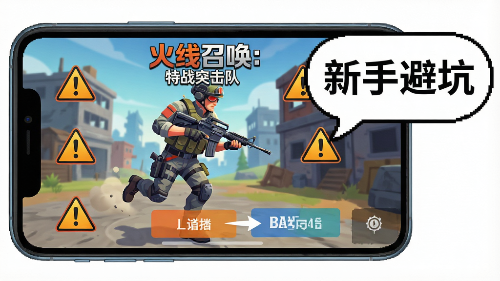 主体:手机屏幕上显示火线召唤:特战突击队游戏界面,旁边有“新手避坑”文字气泡。布局:手机居中,屏幕内展示游戏角色持枪奔跑画面,四周有警示图标。排版:简洁直观,气泡指向关键按钮。风格:现代扁平化,色彩鲜明。细节:图标清晰,文字可读。画质:高清,干净,无多余元素。