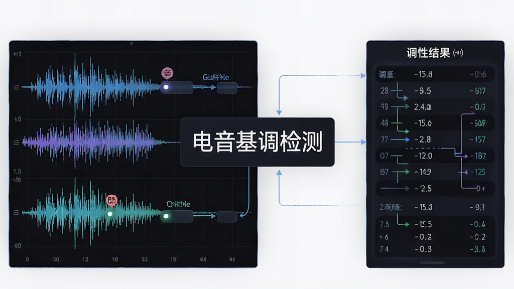 电音基调检测软件的核心识别引擎工作示意图,主体为音频波形与调性标注的合成图像,中央显示“电音基调检测”名称,布局为左右对比结构,左边波形图右边调性结果,风格简洁直观,细节突出算法分析路径,画质清晰干净无多余元素