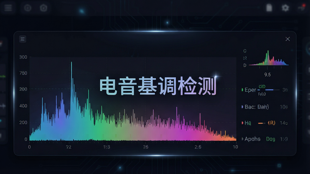 一张现代风格的电音基调检测软件界面截图,主体为深色背景下的频谱分析面板,中央显示“电音基调检测”字样,旁边有波形图与调性标识,布局简洁清晰,排版突出数据可视化,风格科技感十足,细节包含色彩渐变与高光效果,画质高清干净无多余元素