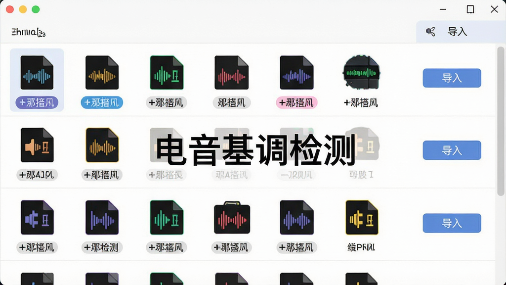 电音基调检测软件的多格式支持界面,主体为文件列表窗口,显示多种音频格式图标,中央有“电音基调检测”字样,布局为列表式排列,风格清爽,细节包含文件格式标签与导入按钮,画质高清干净无多余元素