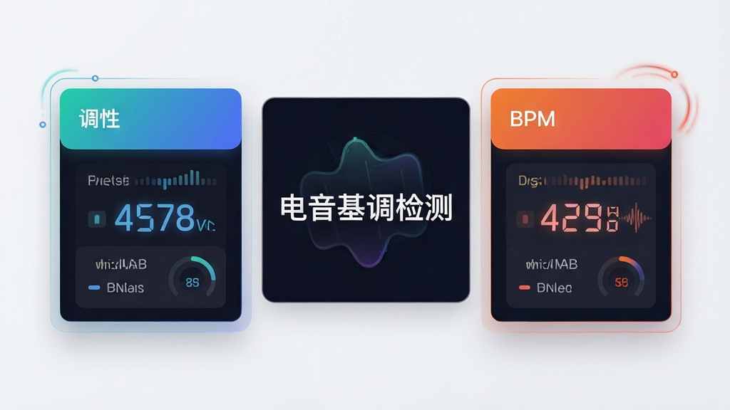 电音基调检测软件的双参数显示效果预览,主体为调性与BPM数值卡片,中央显示“电音基调检测”名称,布局为卡片式左右排列,风格现代简约,细节包含色彩区分与动态刷新效果,画质高清干净无多余元素