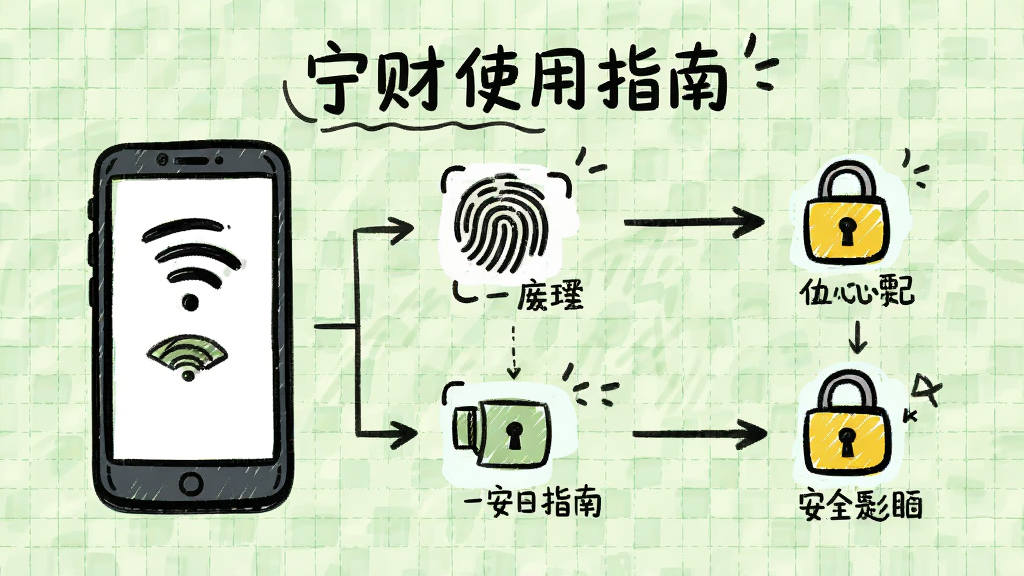 宁财使用指南插画,主体为手机与操作步骤图标,背景为浅绿色网格纸风格,布局为步骤流程图样式,排版有序,风格为手绘涂鸦风,细节包含Wi-Fi、指纹、安全锁等元素,画质高清,干净无多余元素