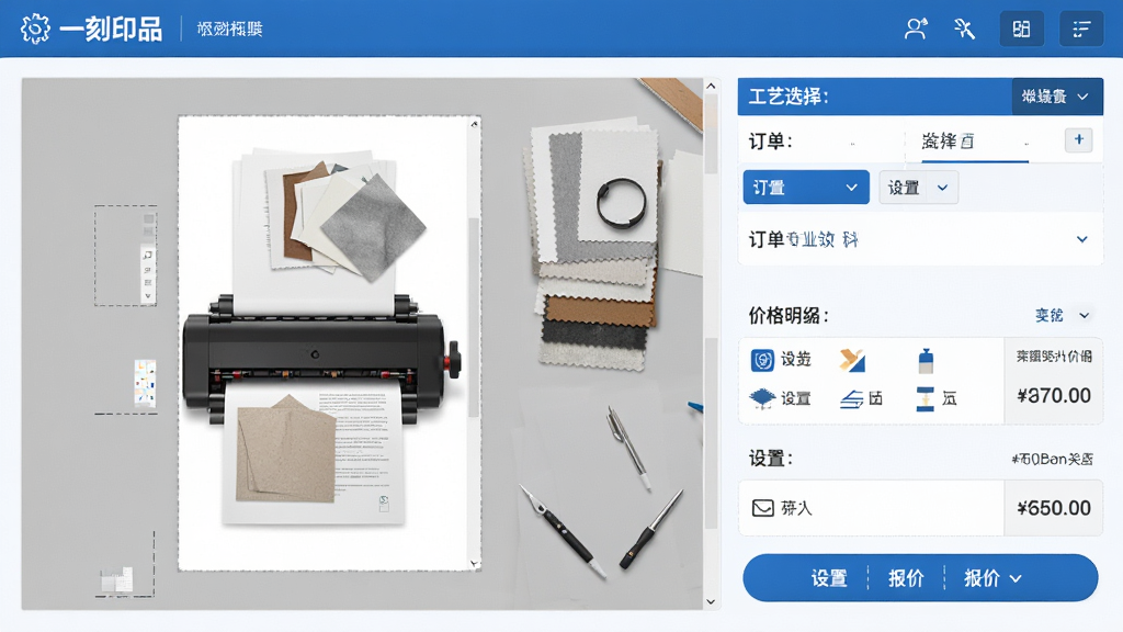 主体:一刻印品专业设计软件的印刷下单页面,显示订单参数设置和报价信息。布局:左侧为设计稿预览,右侧为工艺选择和价格明细。排版:清晰的分栏结构,按钮醒目。风格:商务专业,蓝白主色调。细节:纸张样本图、工艺图标、价格数字清晰可见。画质:高清,干净,无多余元素。