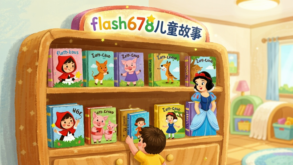 一个巨大的童话书橱,书架上摆满色彩缤纷的故事书,每本书封面都画着不同的卡通角色,如小红帽、三只小猪、白雪公主,书橱顶部有一个发光的“flash678儿童故事”标志,前景有一个孩子踮脚取书,背景是明亮温馨的儿童书房,整体风格手绘卡通,色彩鲜艳,细节丰富,画质干净明亮,无多余元素。