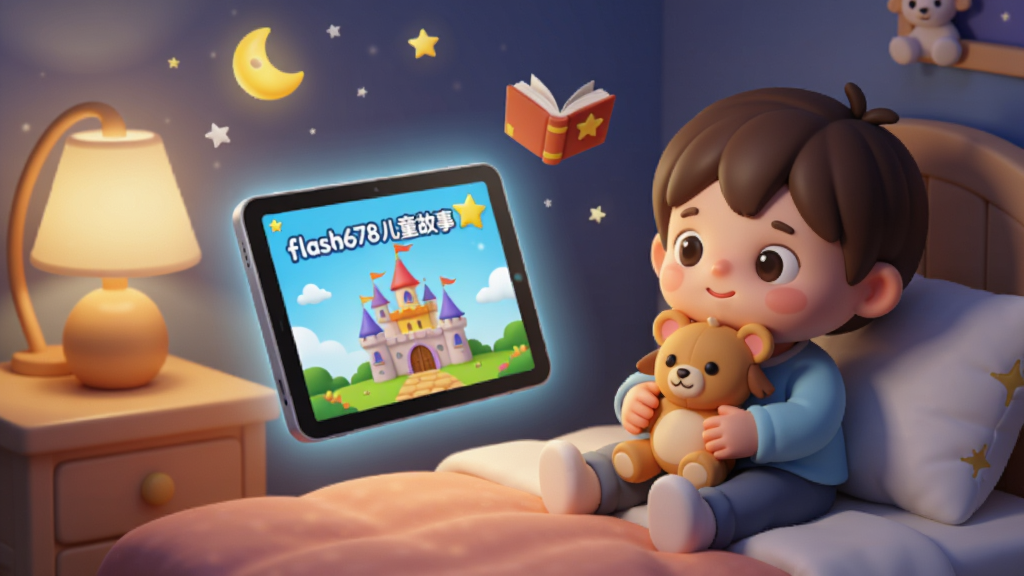 一幅温馨的儿童卧室场景,夜晚台灯亮着,一个可爱的孩子抱着毛绒玩具坐在床上,面前悬浮着一个发光的平板电脑,屏幕上显示“flash678儿童故事”字样和童话城堡插图,周围有星星月亮和飞行的小书本,整体风格卡通可爱,色彩柔和明亮,画质细腻干净,无多余元素。