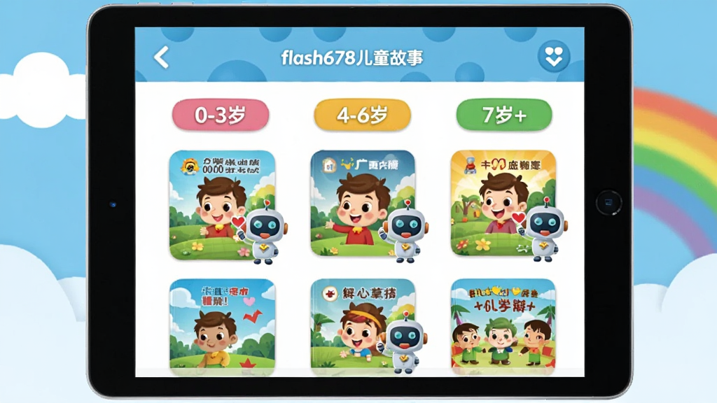 一个平板电脑屏幕上显示flash678儿童故事的推荐界面,界面有不同年龄段标签(0-3岁、4-6岁、7岁+),每个标签下都有卡通故事封面缩略图,旁边有一个小机器人图标在比心推荐,画面明亮活泼,背景是淡蓝色云朵和彩虹,整体UI设计扁平化,画质清晰,无多余元素。