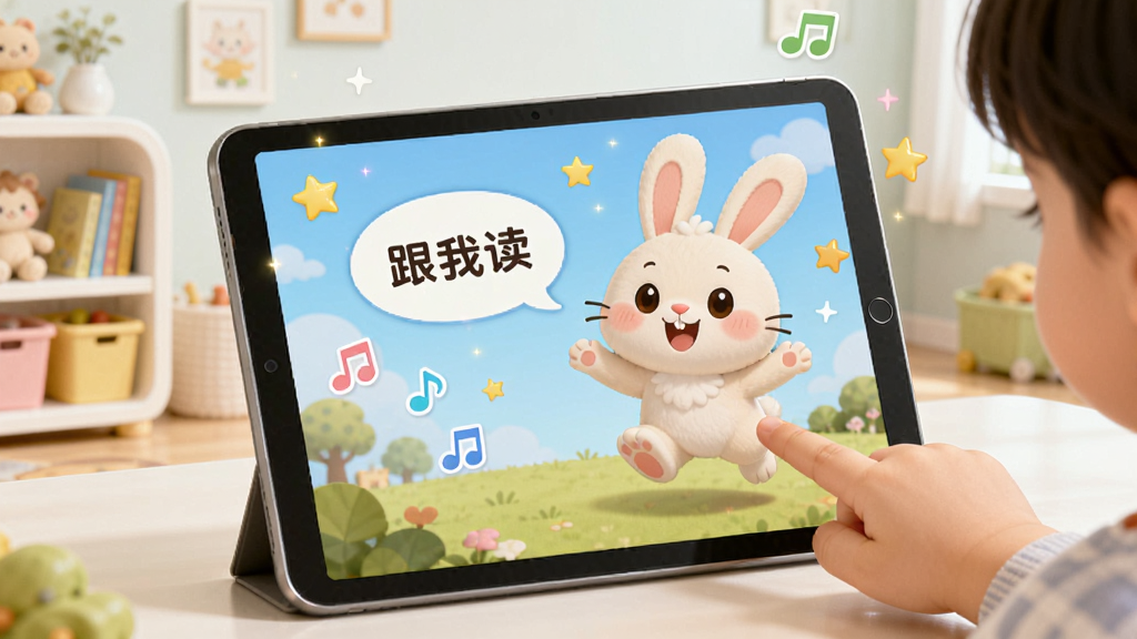 一个儿童用手指点击平板屏幕上的故事画面,屏幕上出现一个卡通动物角色(如小兔子)跳出来打招呼,并带有气泡对话框显示“跟我读”,画面周围有音符和星星特效,背景是干净明亮的儿童书房,整体风格卡通可爱,画质柔和,无多余元素。
