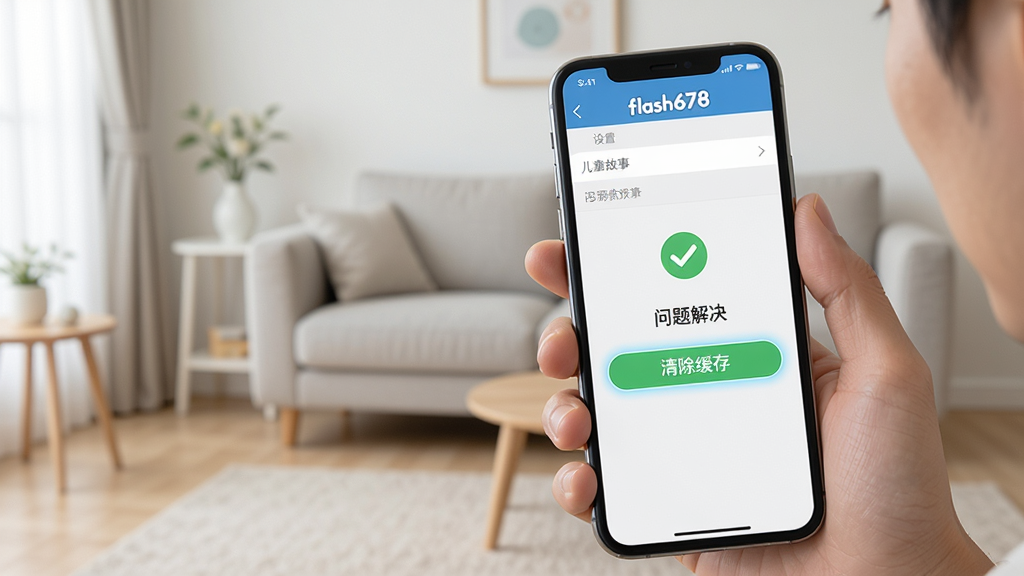 一个家长手机拿着手机,屏幕显示flash678儿童故事的设置界面,高亮显示“清除缓存”按钮,旁边有一个对勾图标和文字“问题解决”,背景是简洁的客厅,整体风格写实,画质清晰,无多余元素。