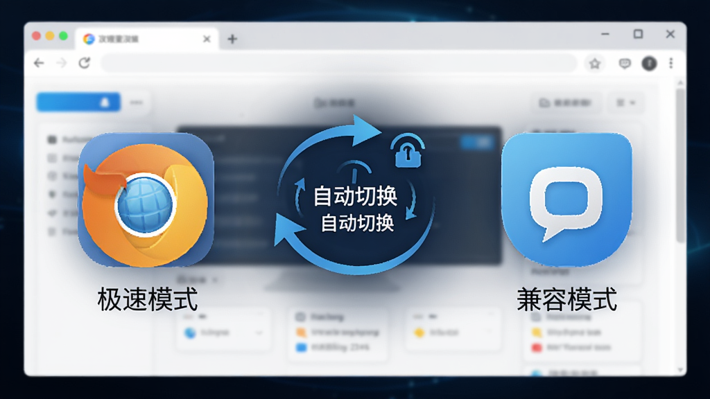 2345浏览器双核切换功能示意图,画面左侧为极速模式图标,右侧为兼容模式图标,中间显示自动切换的动画效果,背景为浏览器界面,风格简洁科技感,高清画质,干净无多余元素
