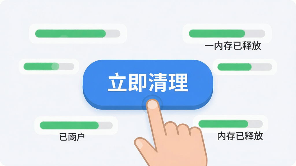 RAM Idle Professional 一键清理功能示意图,主体为点击按钮的手部动作,布局为中心大按钮“立即清理”,周围环绕内存占用条动画,风格扁平化,细节包含绿色进度条和“内存已释放”字样,画质干净无多余元素