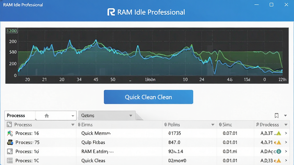RAM Idle Professional 界面预览图,主体为软件主窗口,布局上方是内存使用率曲线图,中间为快速清理按钮,下方为进程列表,风格现代简洁,细节包括蓝色渐变色块和白色文字“RAM Idle Professional”,画质清晰,干净无多余元素