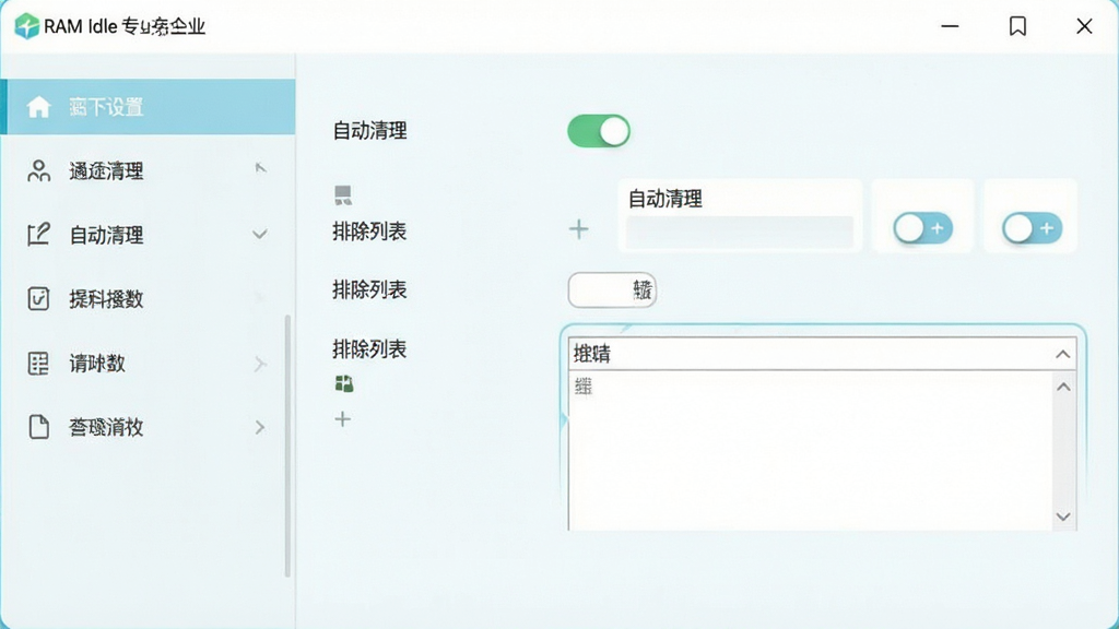 RAM Idle Professional 设置界面截图,主体为设置选项列表,布局为左侧菜单栏,右侧为参数配置区域,风格清新浅色,细节包含“自动清理”开关和“排除列表”编辑框,画质干净无多余元素