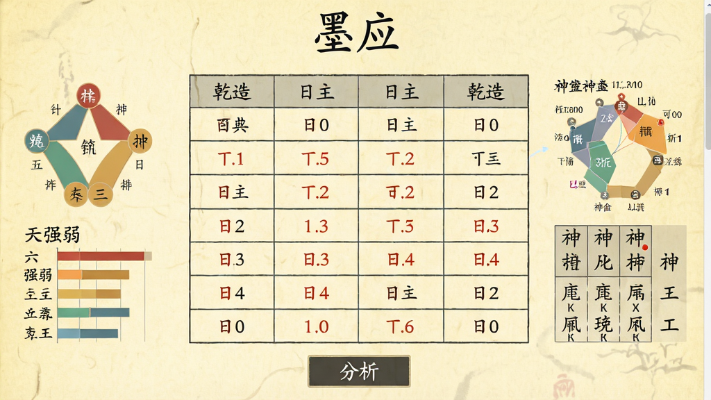 主体:一张清晰的八字排盘结果页面截图,顶部标有“墨应”字样。布局:页面以浅黄色宣纸为背景,中央是四柱表格,左右两侧分布着五行强弱条形图与神煞列表。排版:表格线条规整,文字使用深灰色楷体,重点数据用朱砂色标注。风格:古香古色的书籍排版风格,搭配现代数据可视化图表。细节:表格中可见“乾造”、“日主”等专业术语,底部有“分析”按钮。画质:高清晰度,界面干净无多余元素。