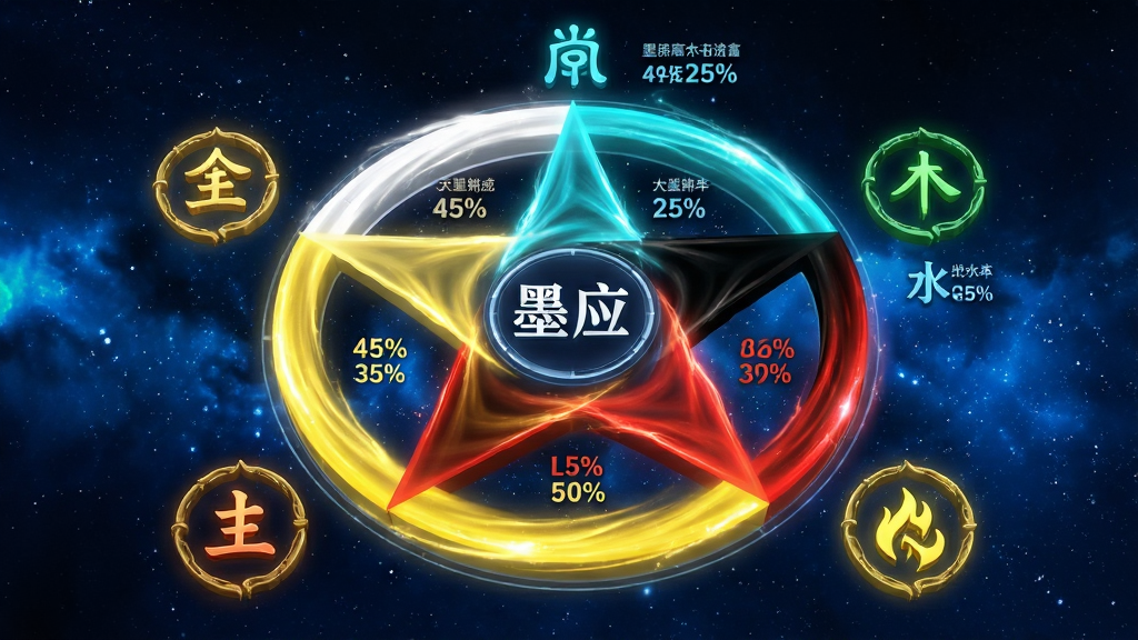主体:一个动态的五行能量环形图,中心标注“墨应”。布局:图表占据画面主体,背景为深蓝色星空,四周环绕着金、木、水、火、土五个发光图标。排版:环形图分段清晰,不同颜色代表不同五行,旁边有百分比数值。风格:科技感与玄学感结合,光影效果炫丽。细节:五种颜色分别为白、青、黑、红、黄,图标具有象形文字特征。画质:高分辨率,3D渲染,干净无多余元素。