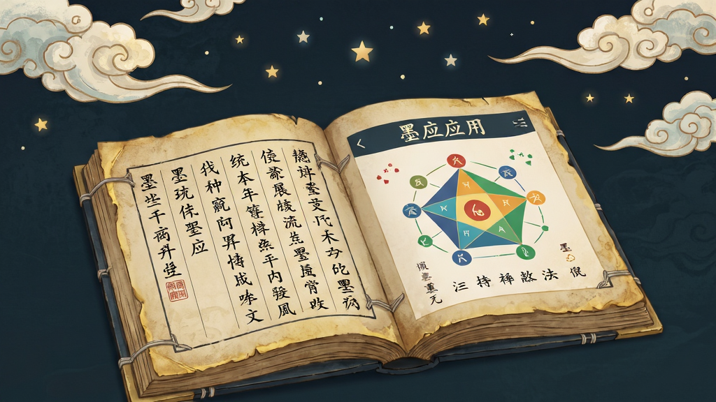 主体:一本翻开的线装古书,书页上浮现着“墨应”应用界面中的五行图表与文字。布局:古书位于画面中央偏下,上方是飘浮的云纹与星辰。排版:书页左侧是竖排的繁体字,右侧是清晰的彩色图表。风格:国潮插画风,色彩沉稳,具有文化底蕴。细节:书页边缘有微微泛黄的质感,字体清晰可辨。画质:高分辨率,细节丰富,干净无多余元素。