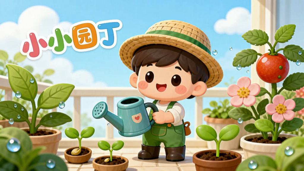 主体:一个可爱的卡通小园丁形象,手持洒水壶,站在充满绿植的阳台花园中。布局:中心构图,小园丁位于画面中央,周围环绕着不同生长阶段的植物(种子、幼苗、开花、结果)。排版:前景为植物,背景为明亮的天空和云朵,整体层次分明。风格:清新卡通,色彩明亮,线条圆润,符合儿童审美。细节:植物叶片上有水滴,小园丁带着草帽,脸上有微笑,画面中漂浮着“小小园丁”的彩色艺术字。画质:高清,干净,无多余元素。
