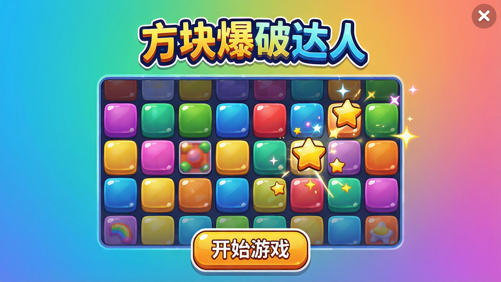 ���壺��Ϸ�����棬ɫ�����޵ķ������У������С����鱬�ƴ��ˡ�LOGO�����֣���Ϸ������У�����Ϊ����ɫ���·��С���ʼ��Ϸ����ť���Ű棺LOGOλ�ڻ����Ϸ�����������ռ�����壬��ť���ڵײ�����񣺿�ͨ���У��������á�ϸ�ڣ���������ǿ��������Ч�����Ǻ����⡣���ʣ����壬�ɾ����޶���Ԫ�ء�